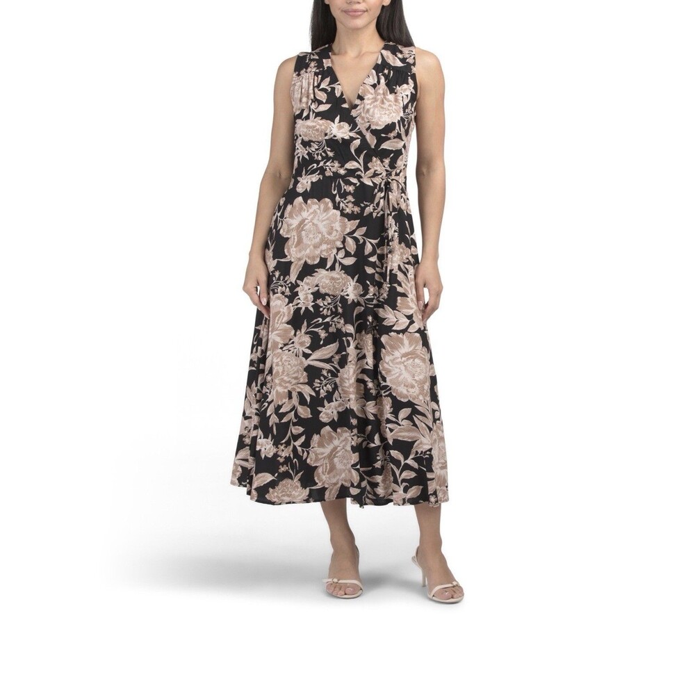 Calvin Klein Faux Wrap Midi Dress Women Size 10 Black Brown Floral Gauze Viscose